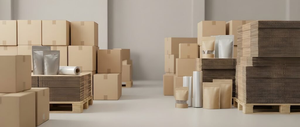Cardboard boxes and packaging supplies arranged for wholesale distribution